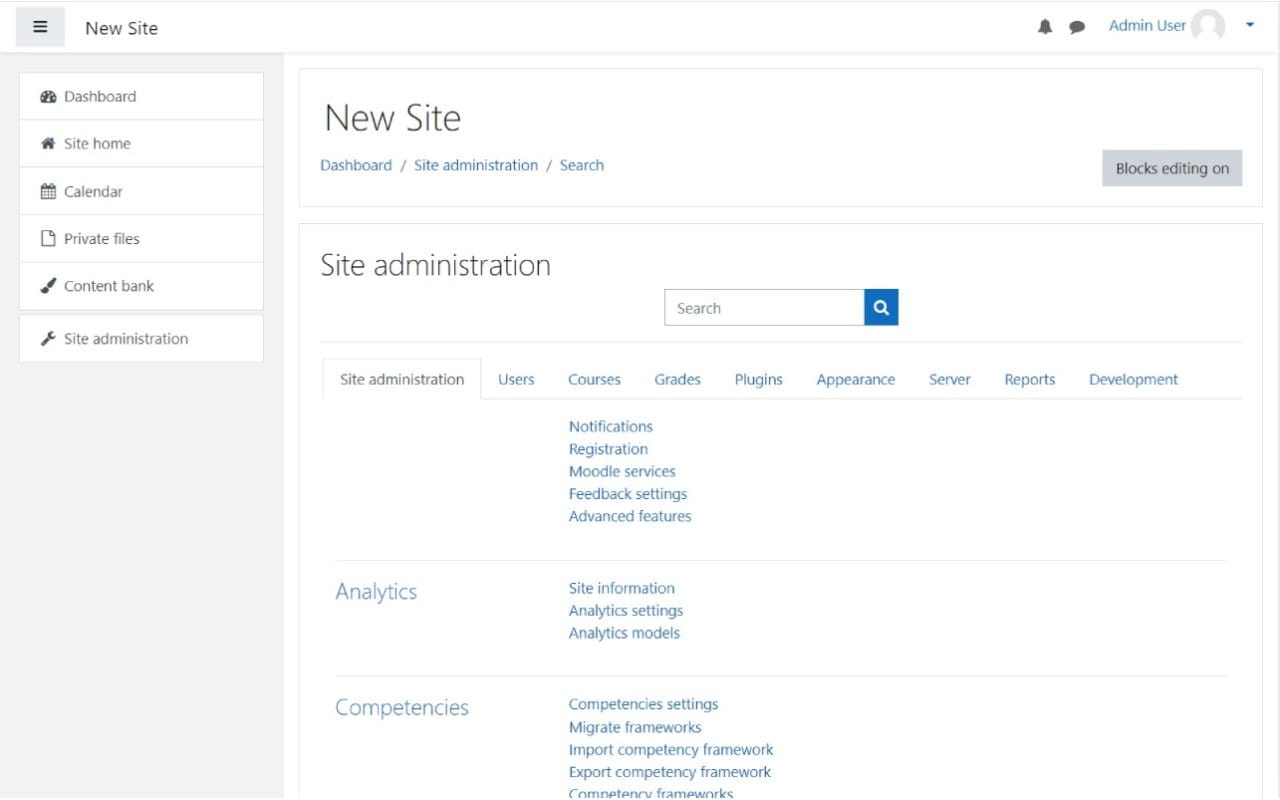 Moodle dashboard