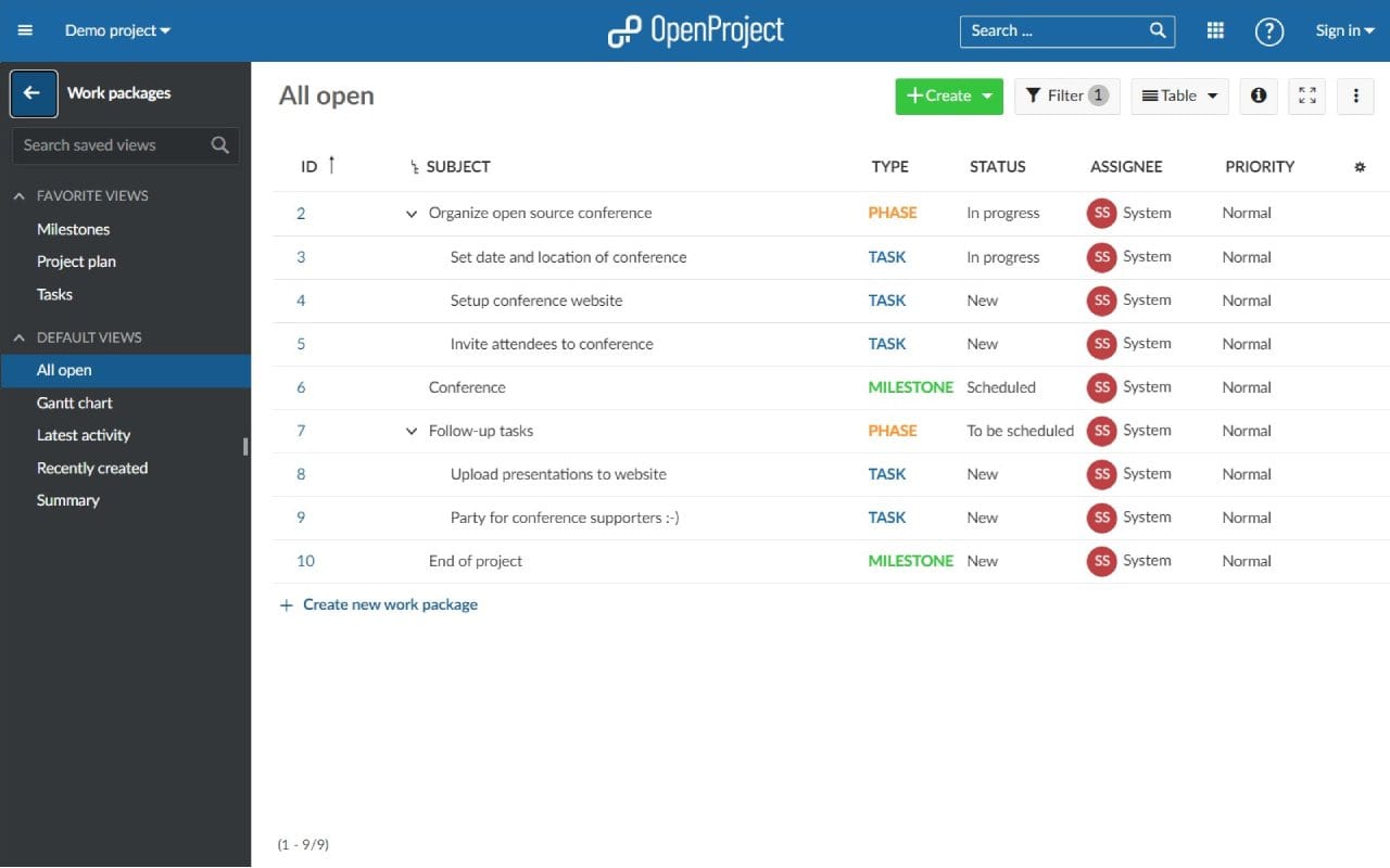 OpenProject software screenshot