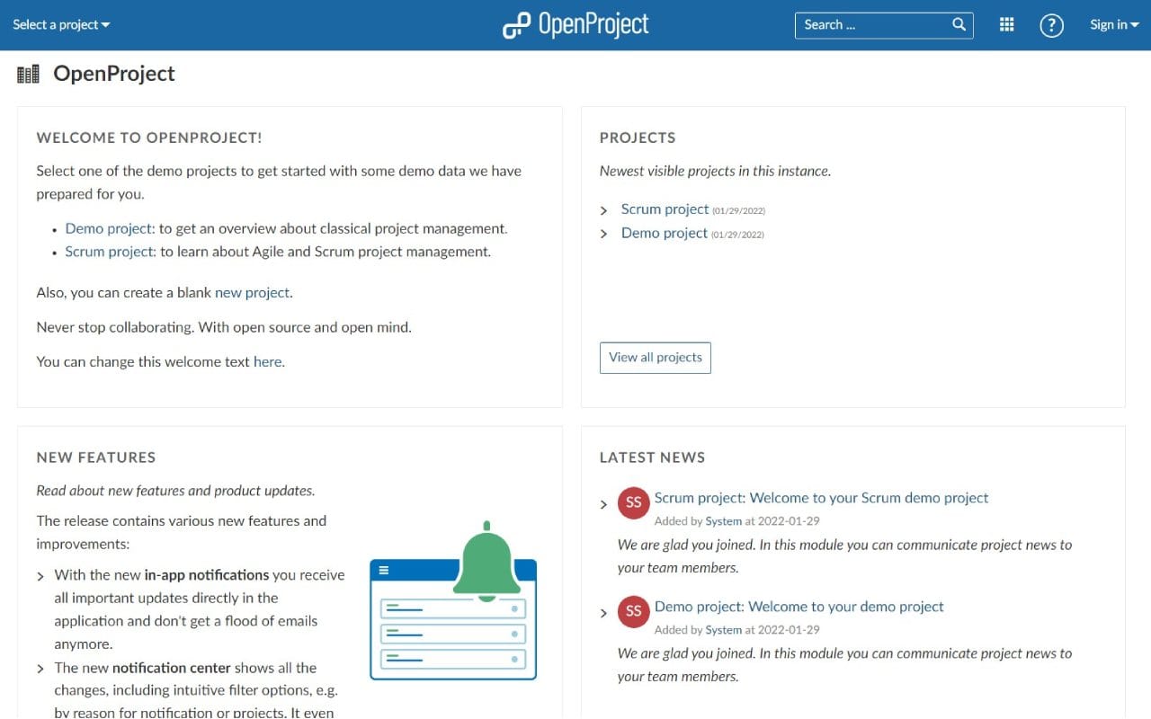 OpenProject dashboard