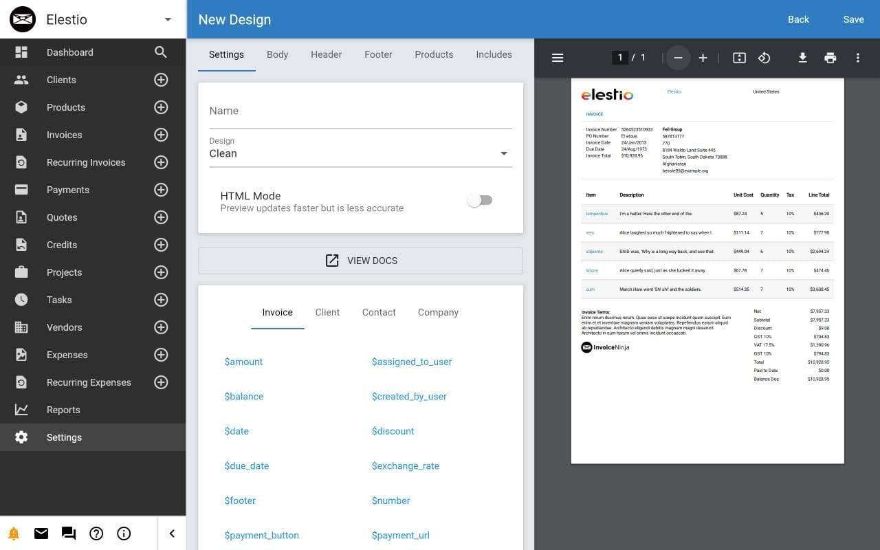 InvoiceNinja dashboard