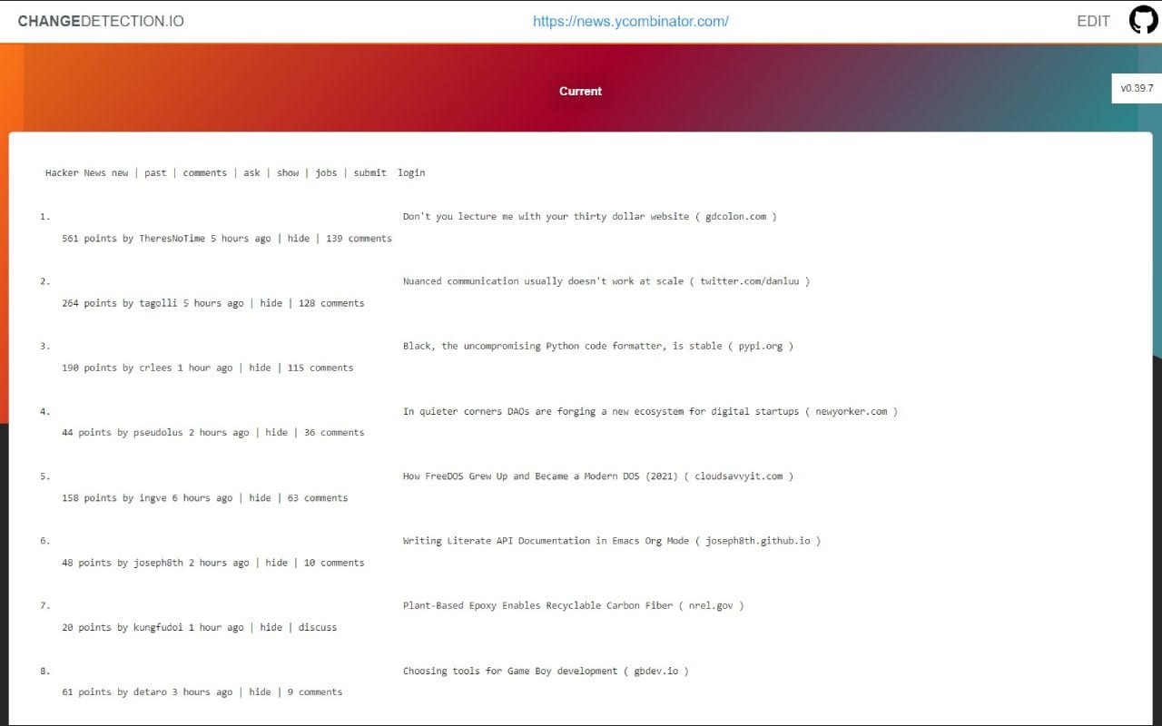 ChangeDetection dashboard