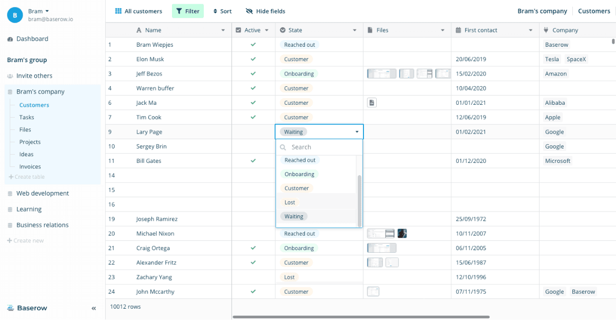 Baserow dashboard