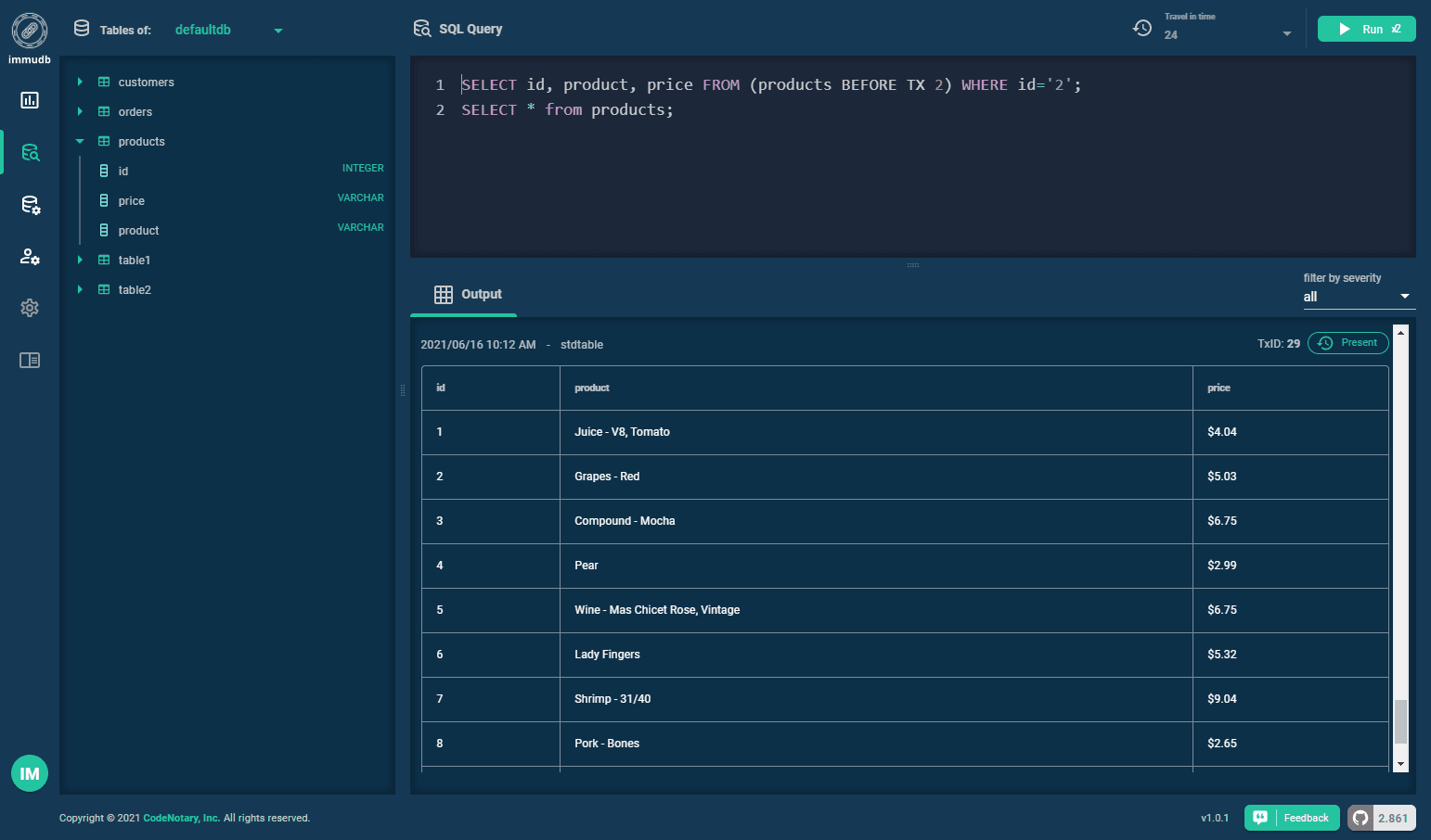 ImmuDB dashboard