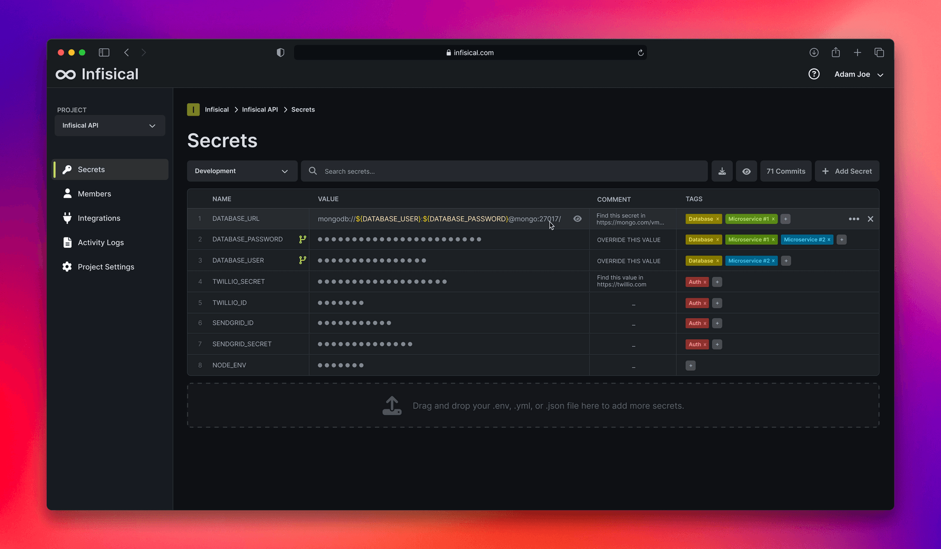 Infisical dashboard