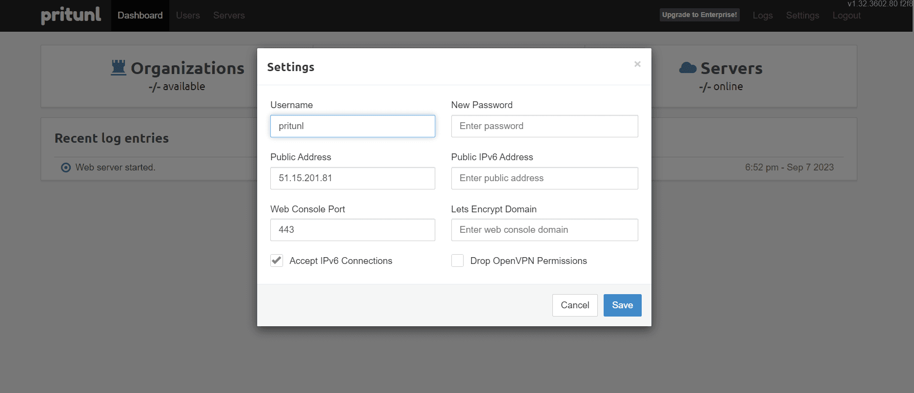 Pritunl software screenshot