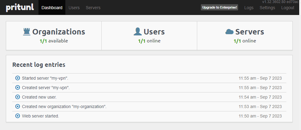 Pritunl dashboard