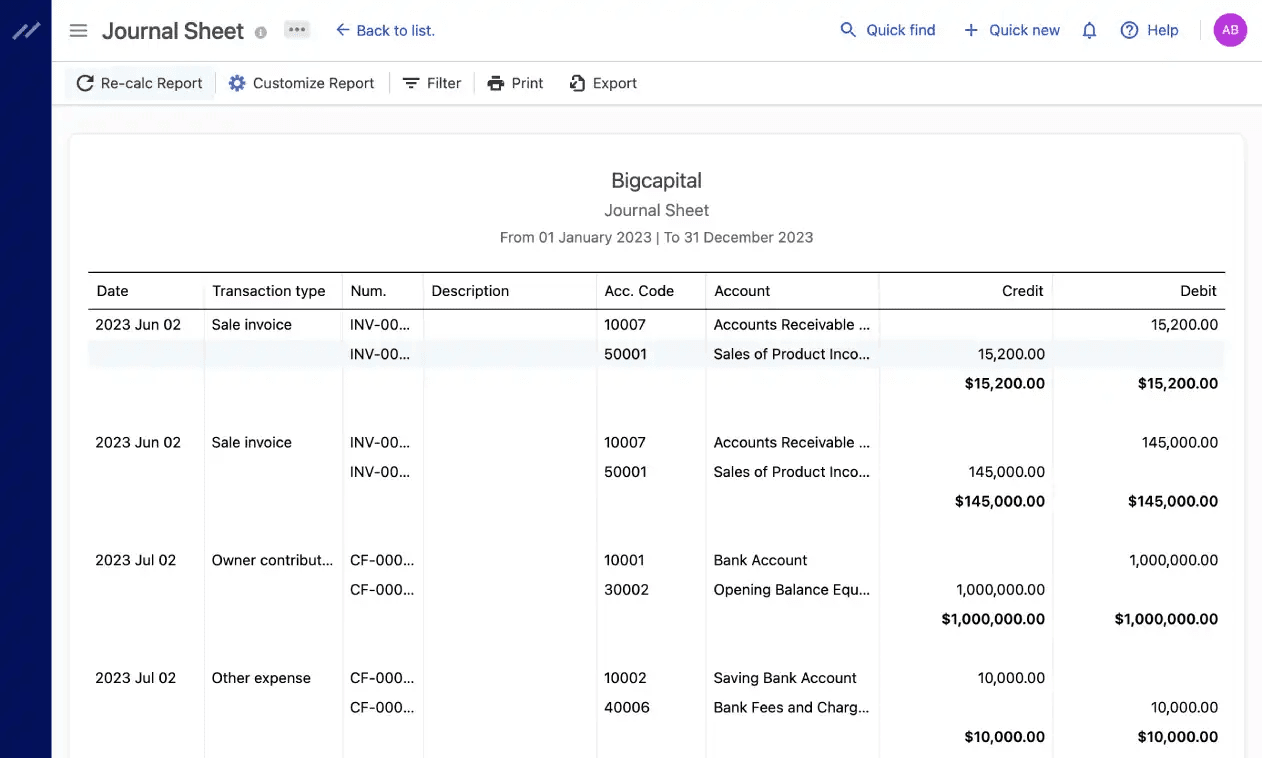 Bigcapital software screenshot