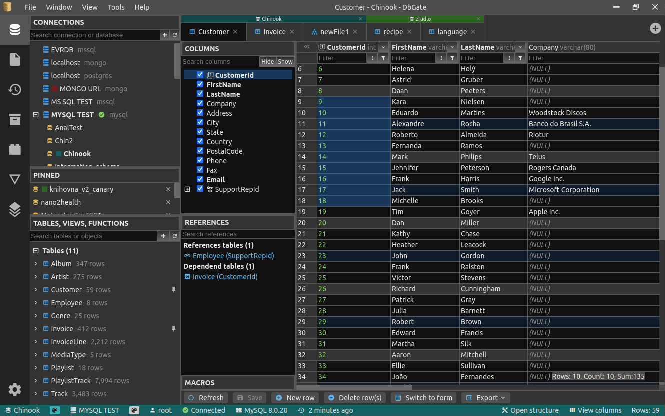 DbGate dashboard