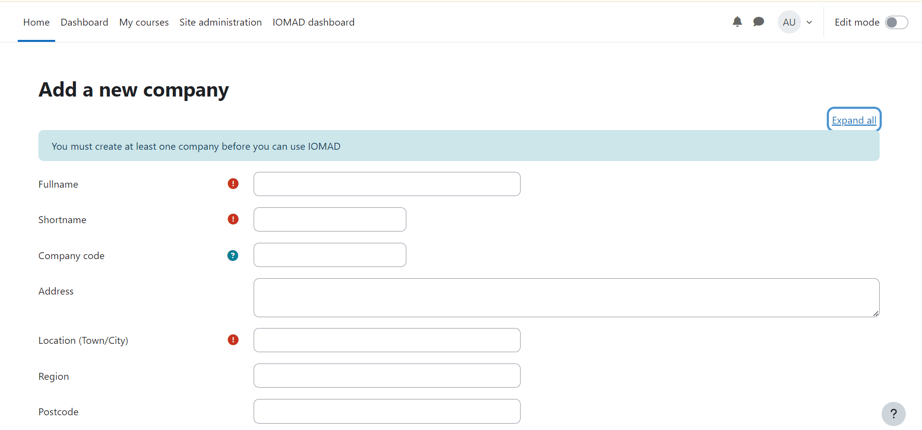 IOMAD dashboard