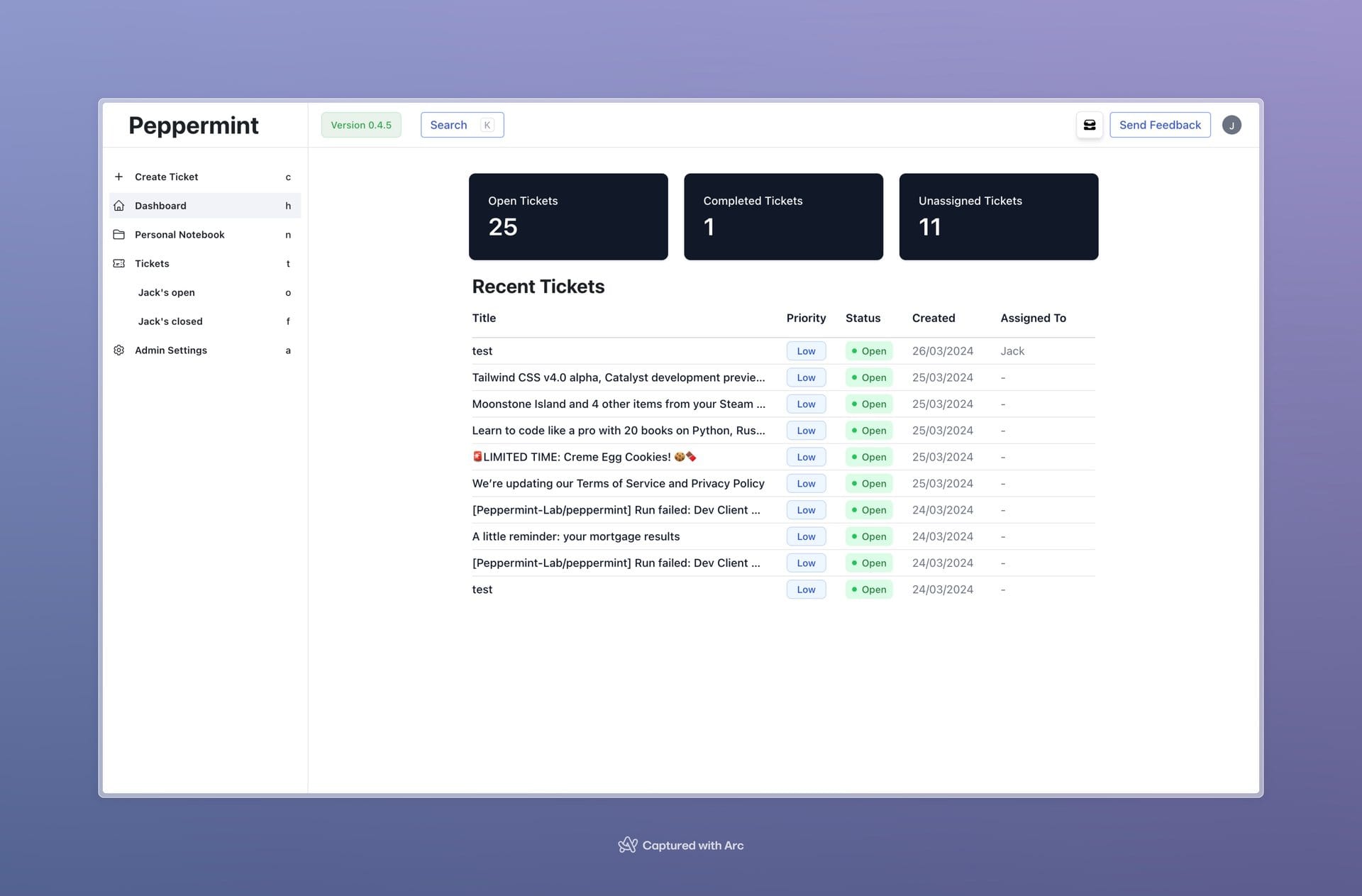 Peppermint dashboard