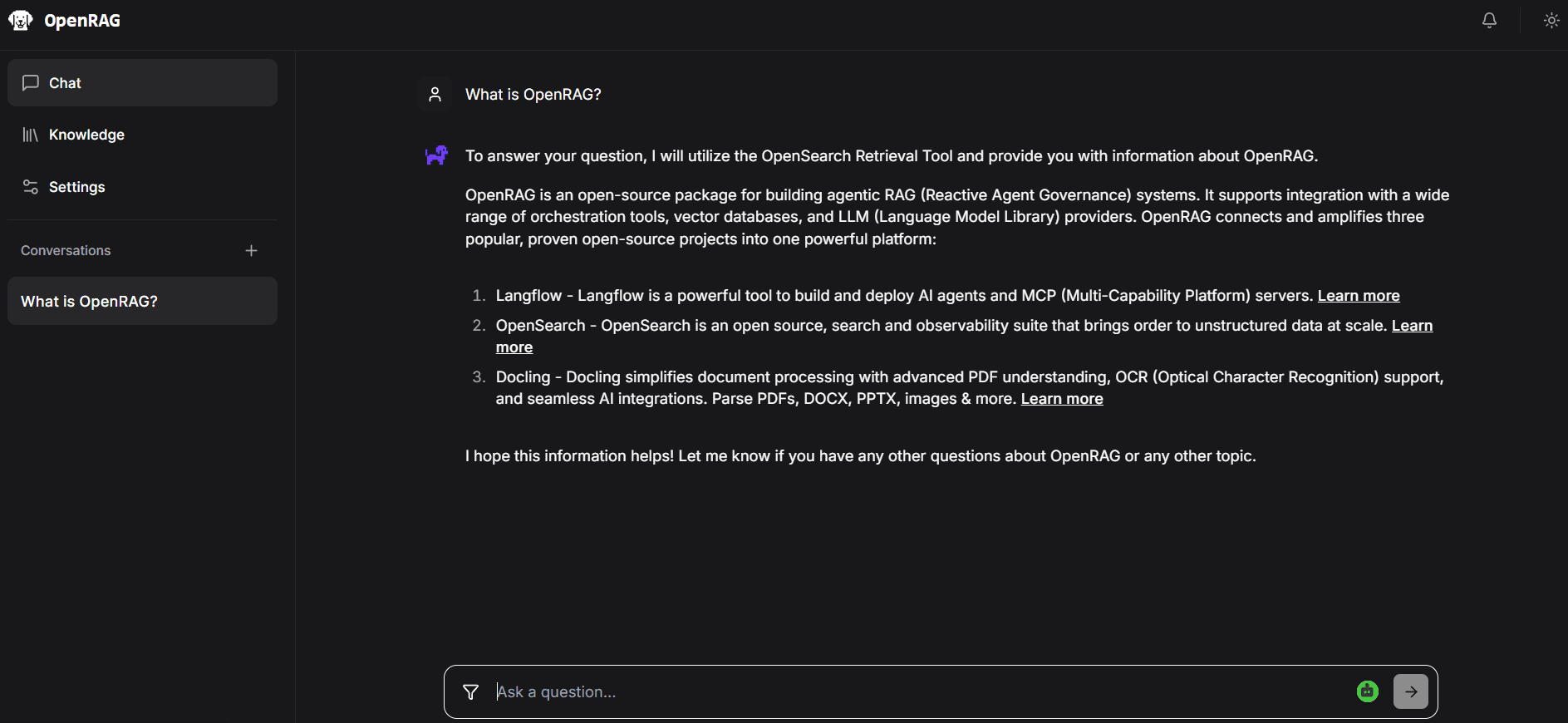 OpenRAG dashboard screenshot