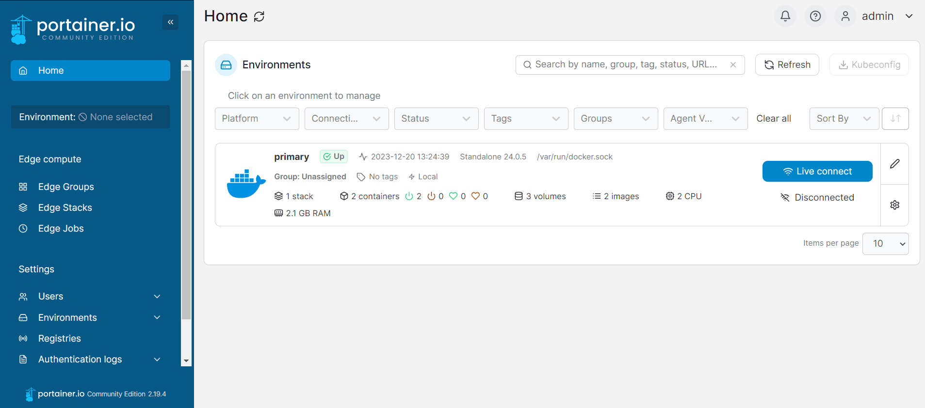 Portainer dashboard