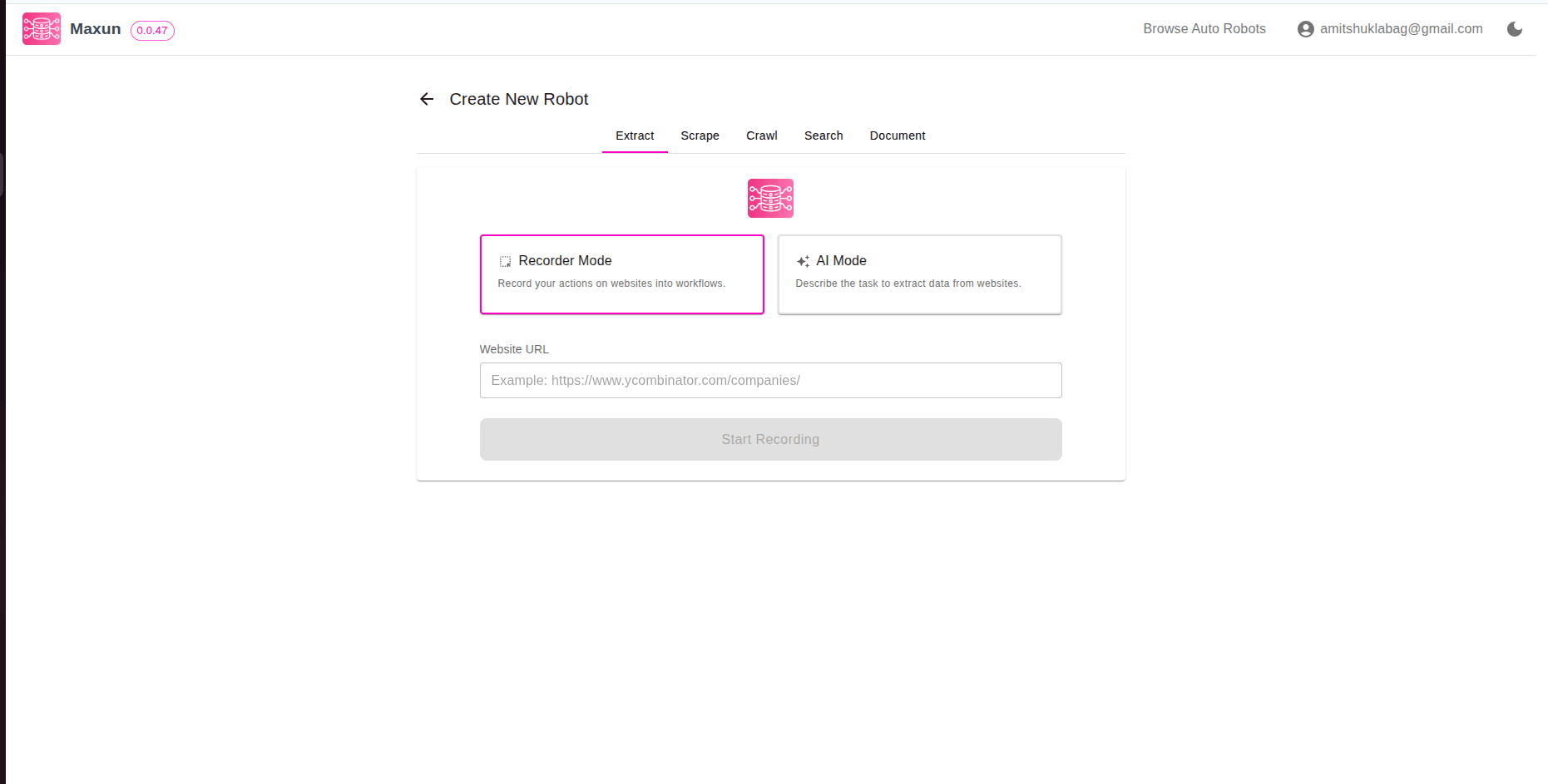 Maxun dashboard screenshot