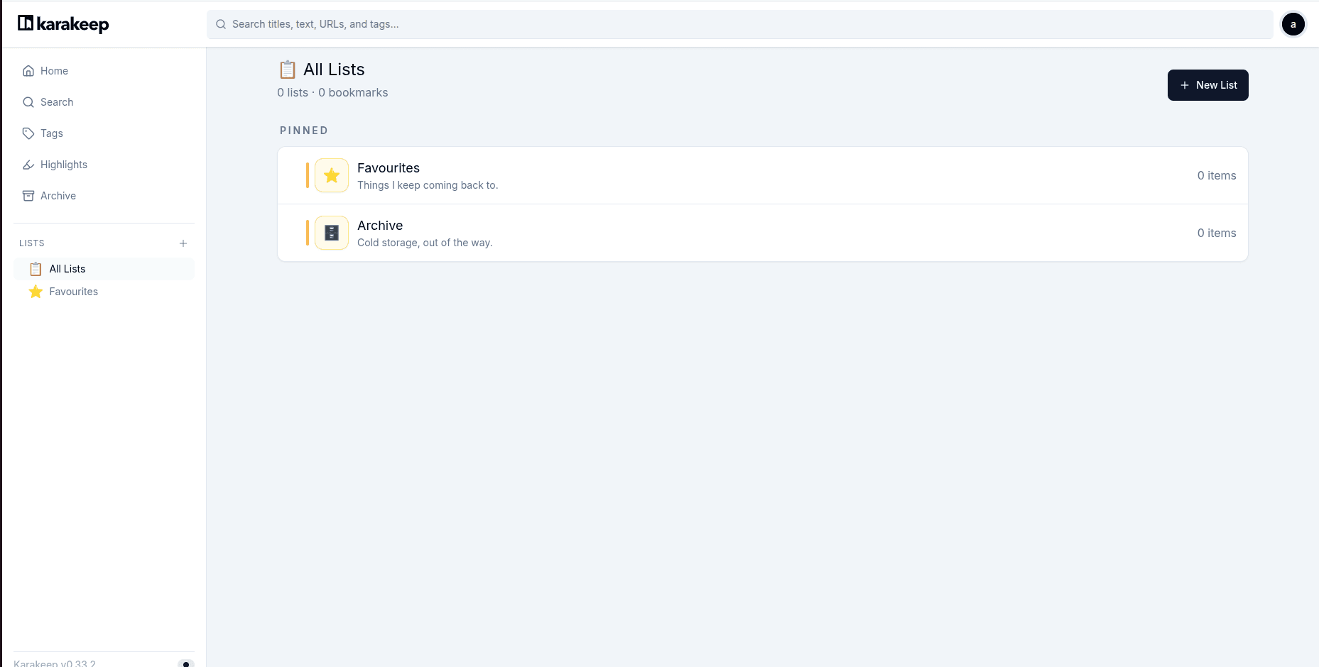 Karakeep dashboard screenshot