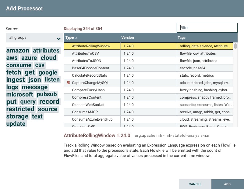 Apache NiFi Processors screen