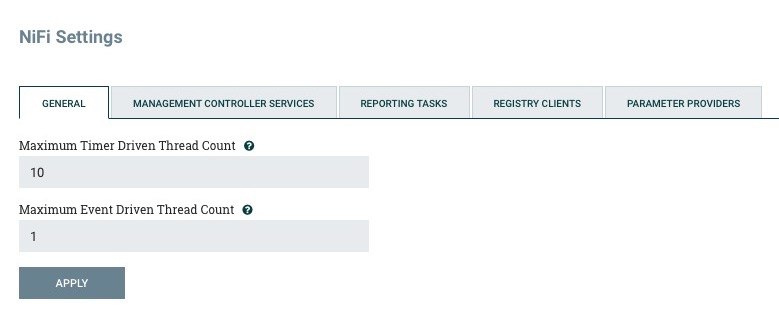 Apache NiFi Settings screen