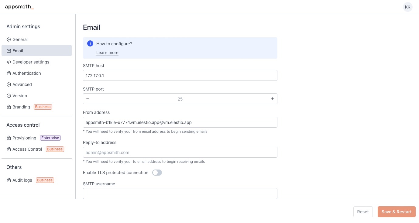 Appsmith Settings screen