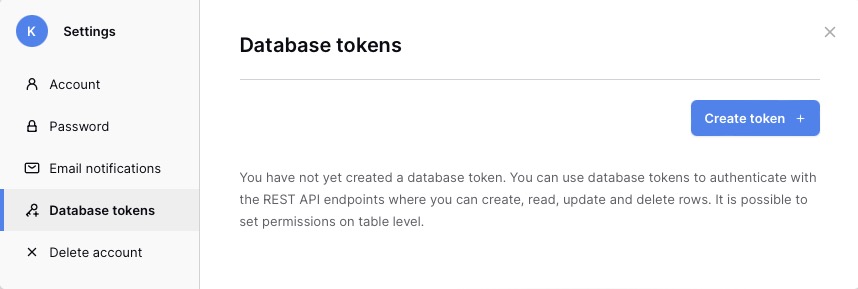 Baserow creating database token screen