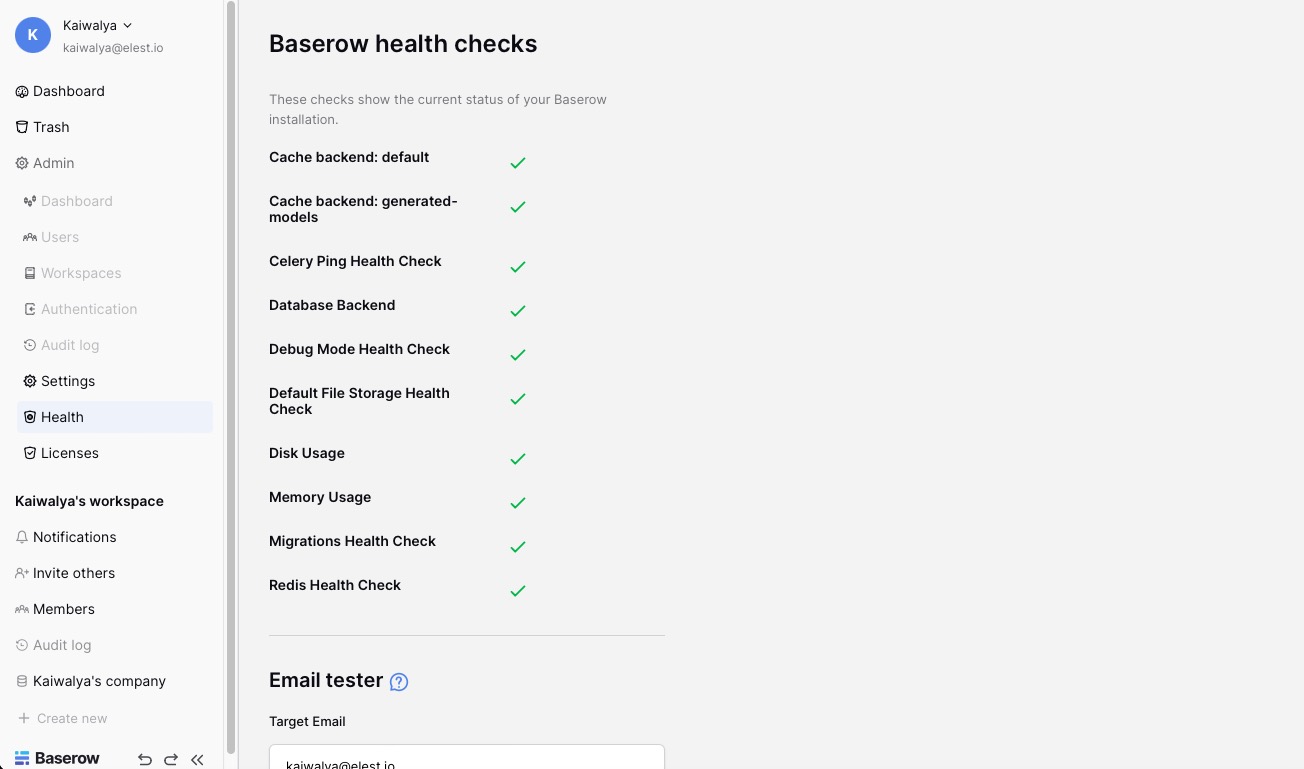 Baserow health checks screen