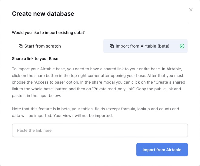 Baserow import database from airtable screen