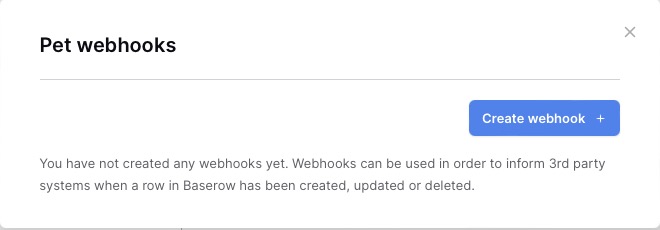Baserow creating webhook screen