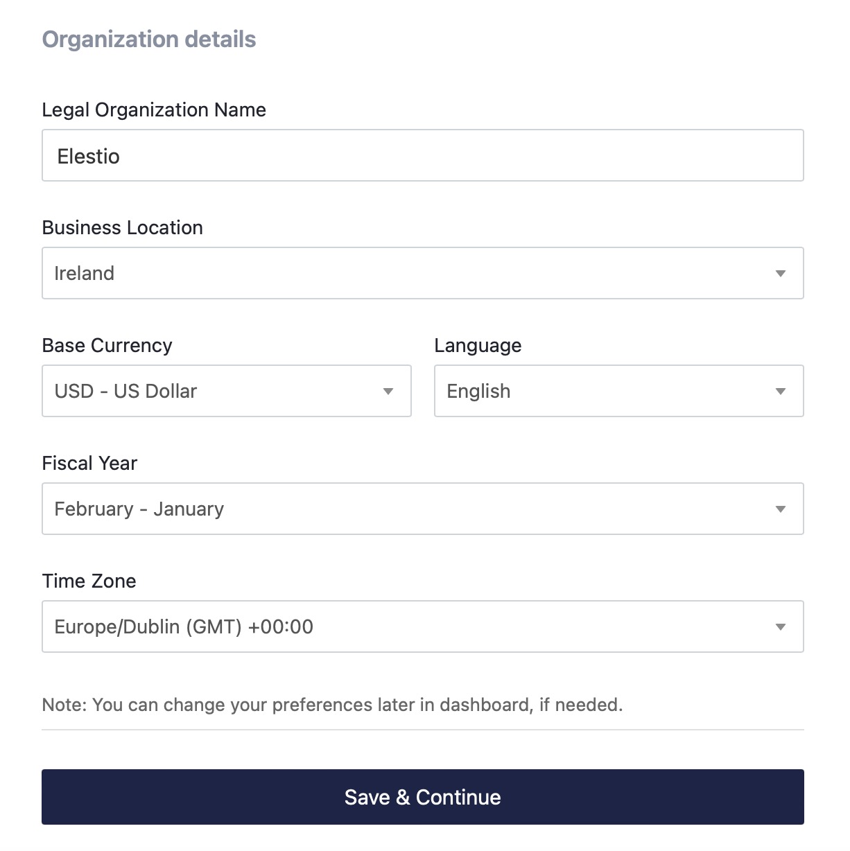 Bigcapital Creating Organization screen