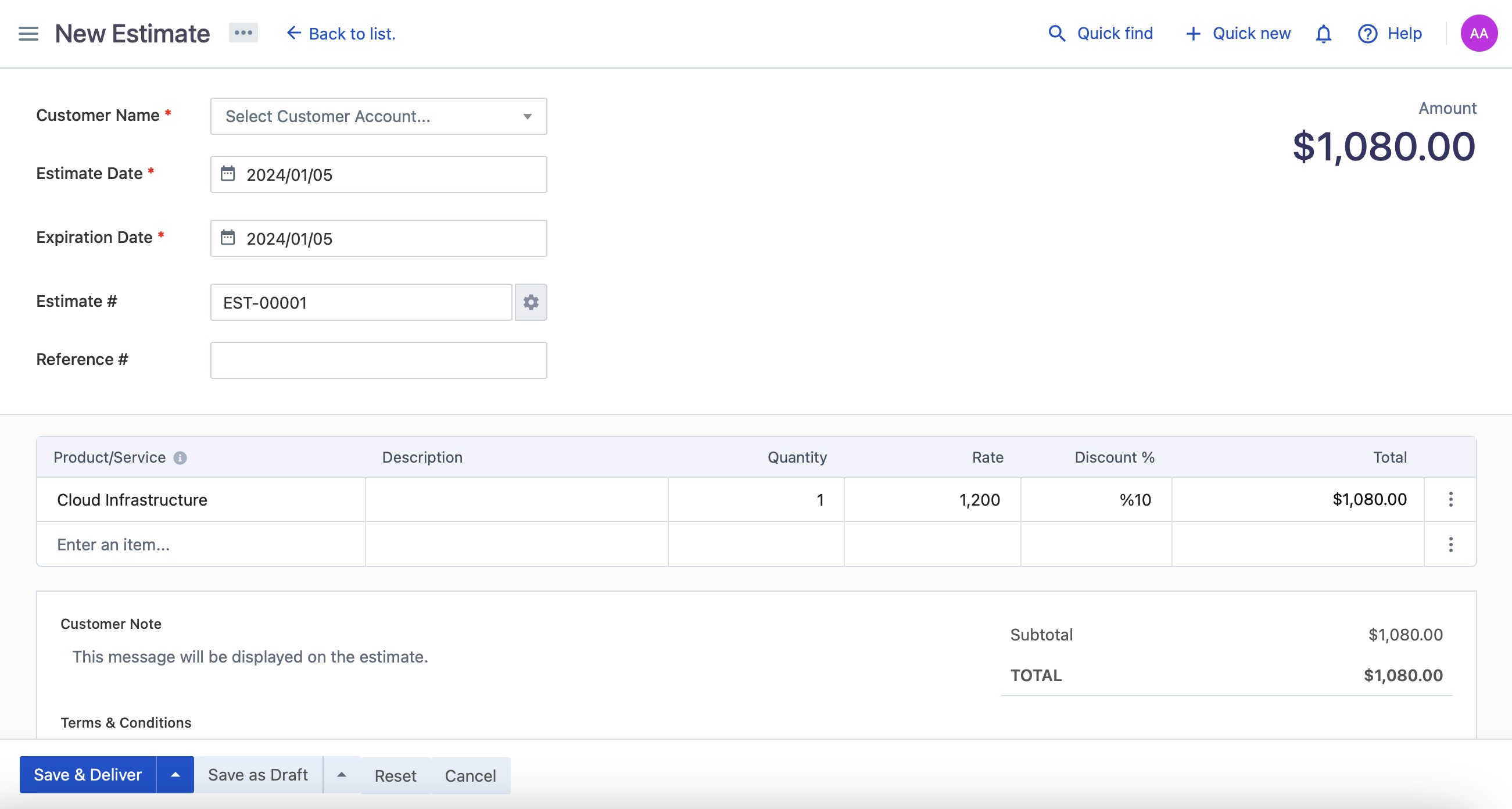 Bigcapital Creating Estimates screen