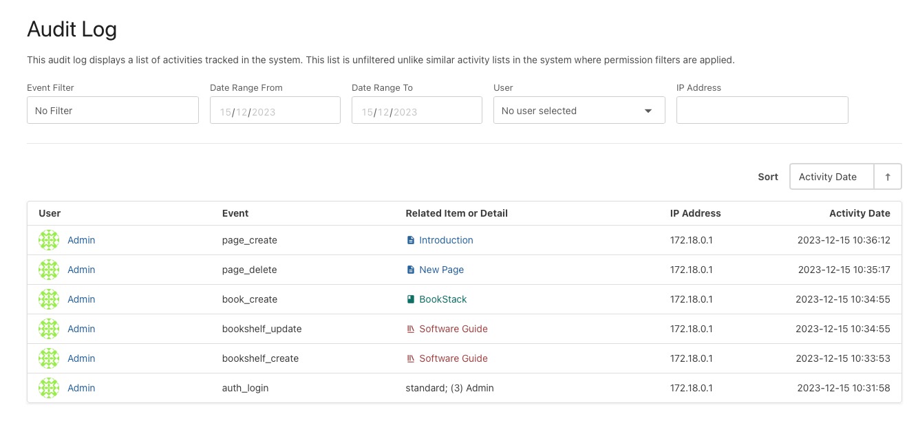 Bookstack audit log screen