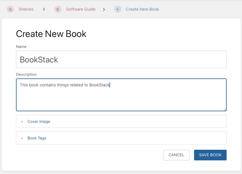 Bookstack creating book screen