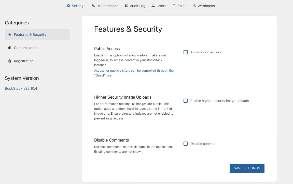 Bookstack features and security screen