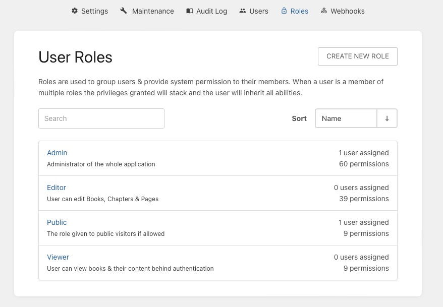 Bookstack roles screen