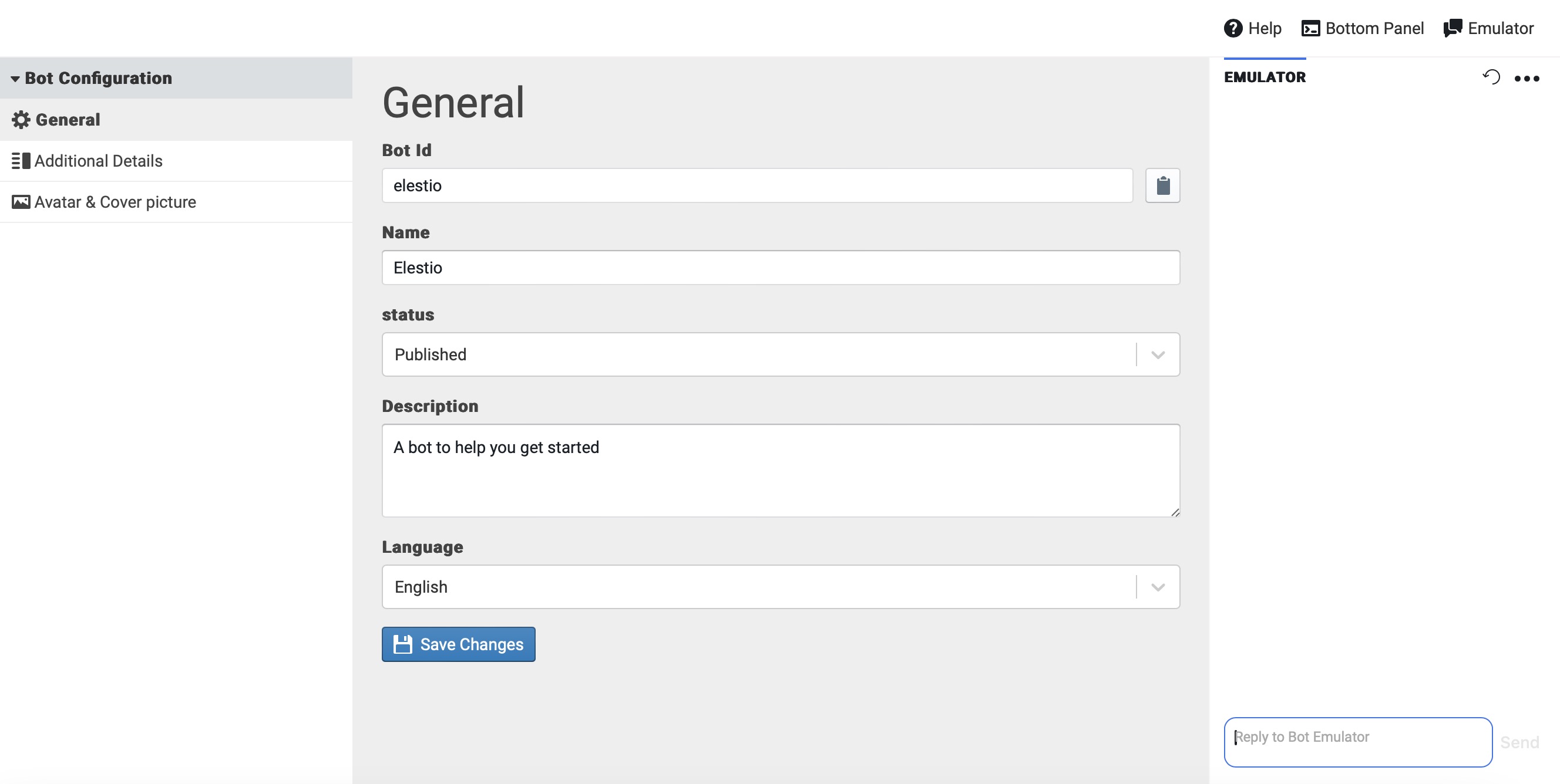 Botpress Bot Configuration screen