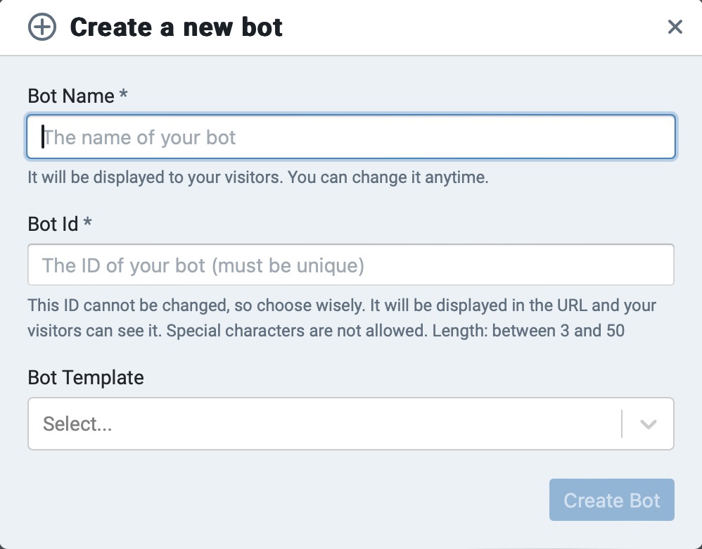 Botpress Creating New Bot screen