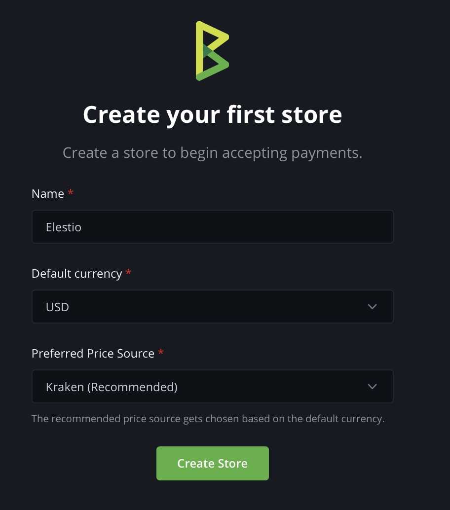 BTC Pay create store screen