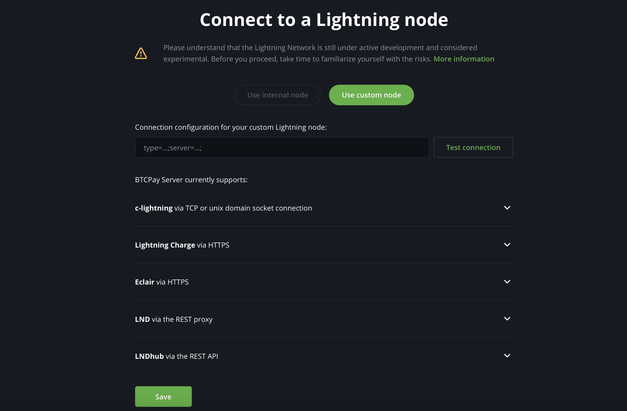 BTC Pay lightning node screen