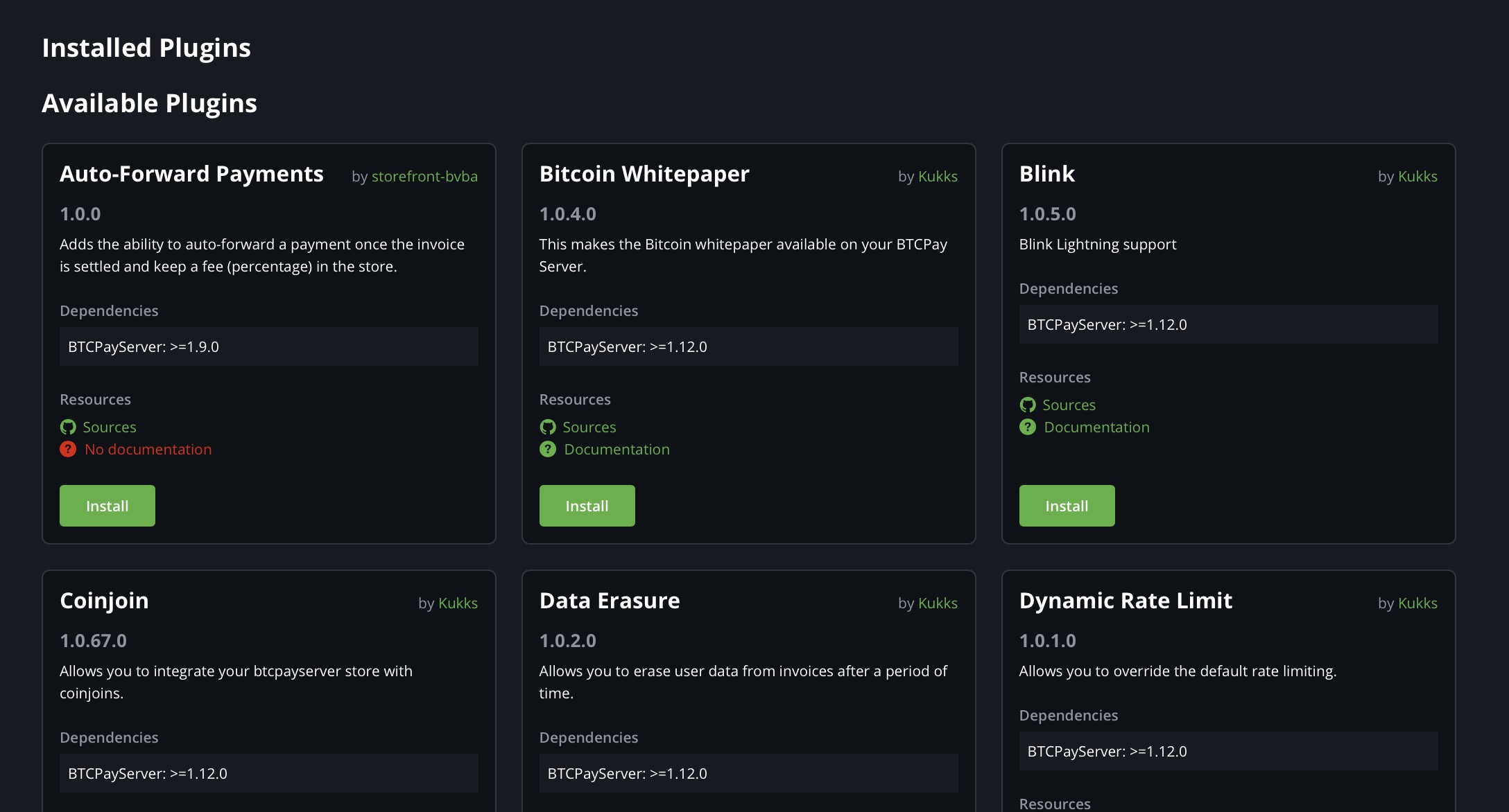 BTC Pay plugins screen