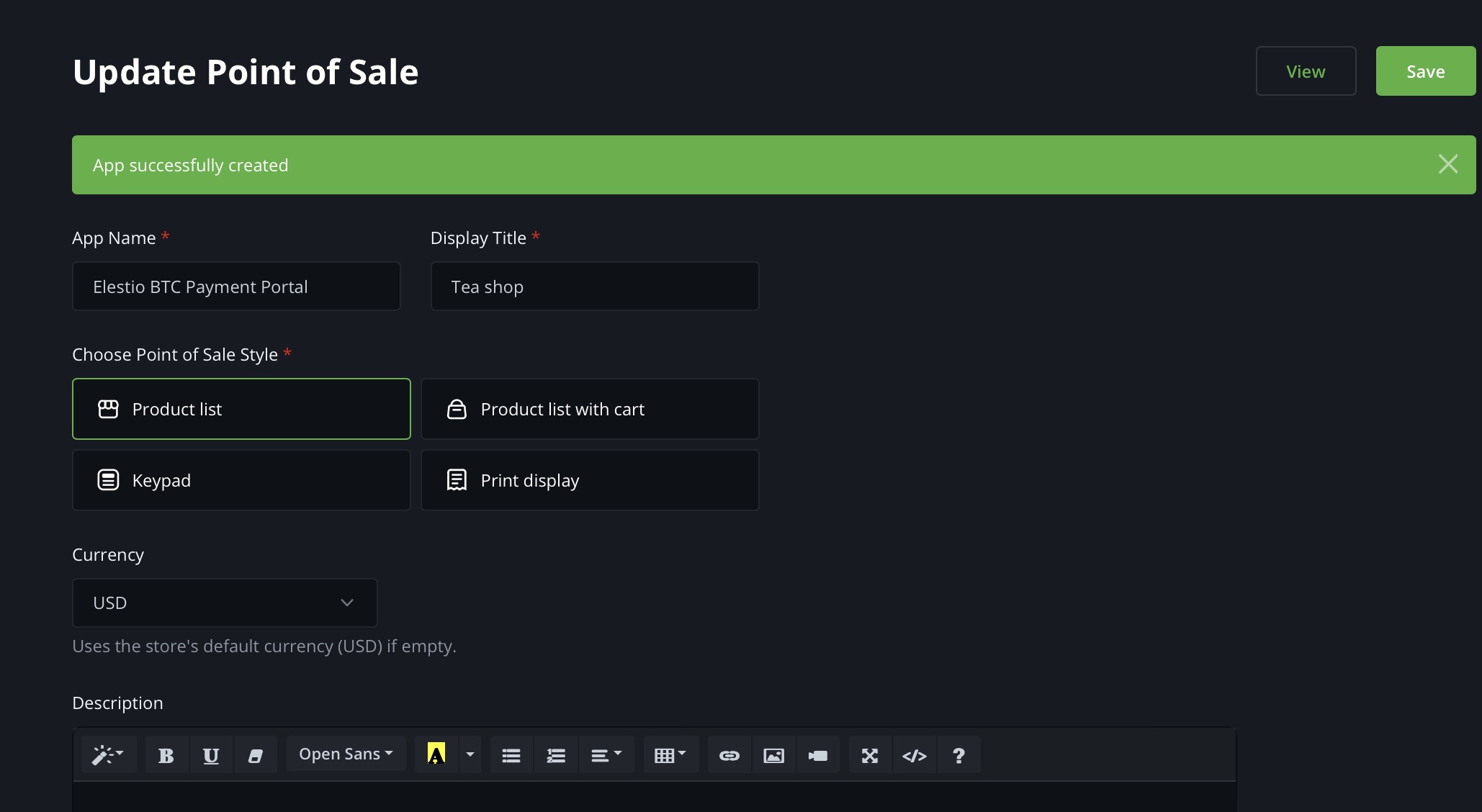 BTC Pay point of sales screen