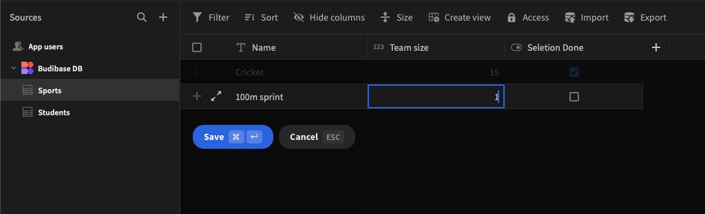 Budibase edit row screen