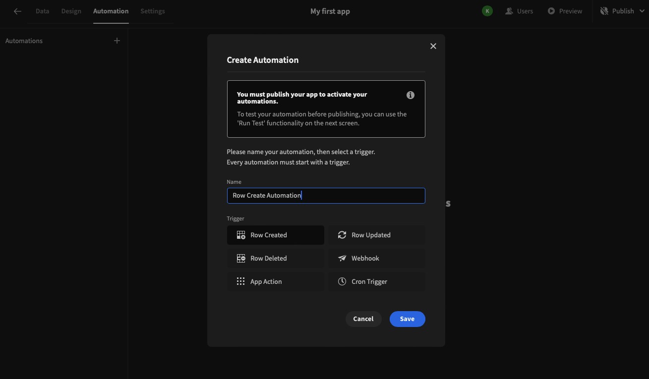 Budibase Automation screen