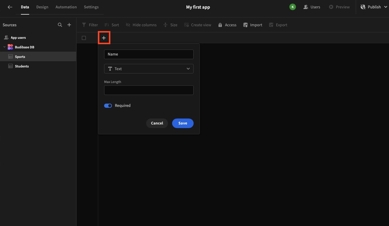 Budibase create row screen