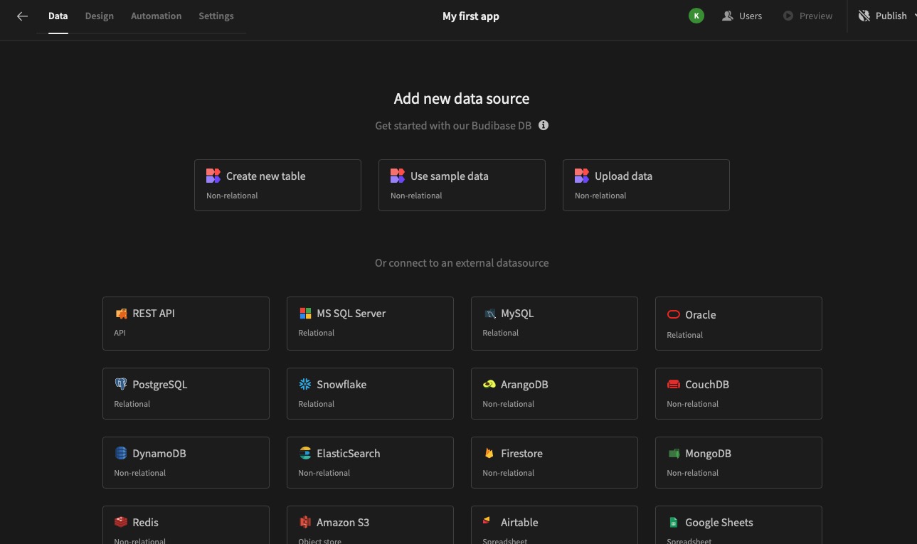 Budibase add data source screen