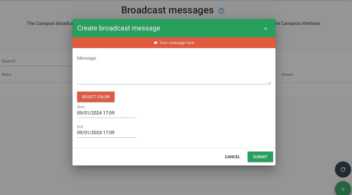 Canopsis creating broadcast message screen