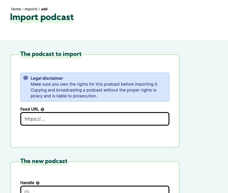 Castopod import podcast screen