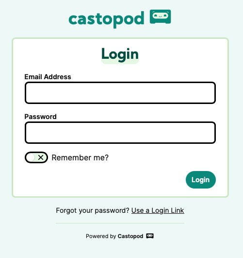 Castopod login screen