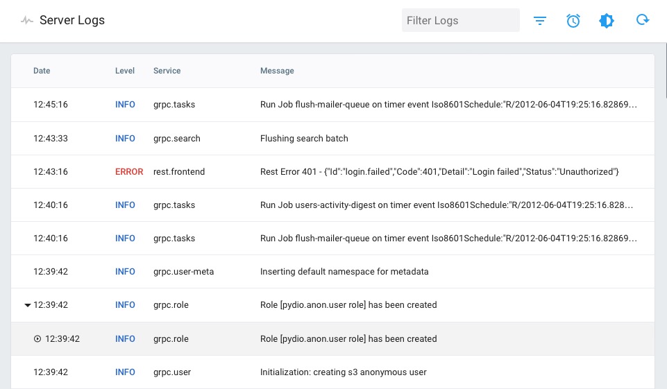 Pydio Cells server logs screen