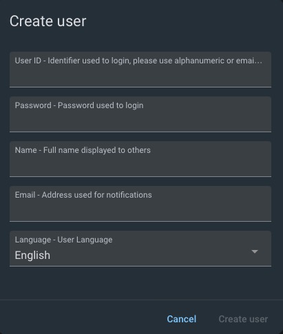 Pydio Cells creating user screen