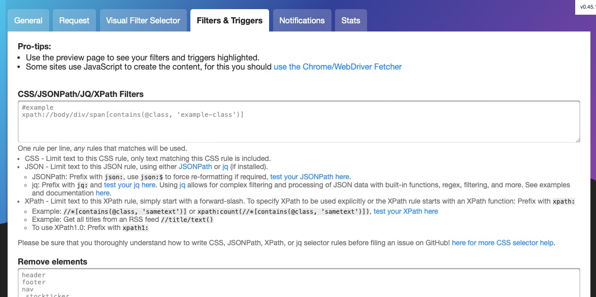 ChangeDetection filter and trigger screen