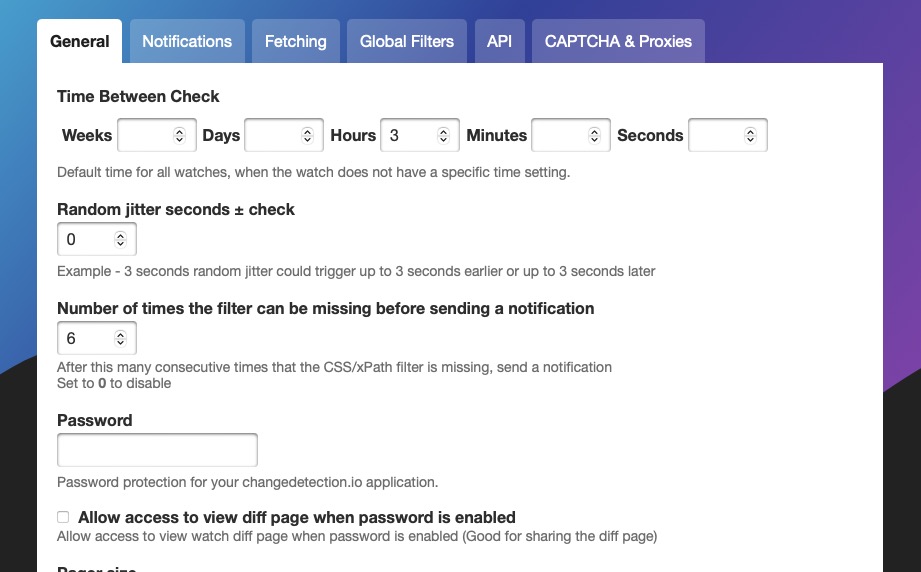 ChangeDetection general settings screen