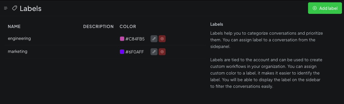 Chatwoot manage labels