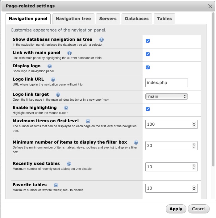 Columnstore settings screen